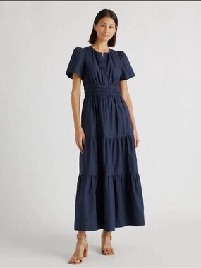 Quince Navy Smocked-Tier Maxi Dress